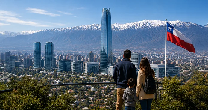 Family looking over the Santiago skyline with the Andes and the Chilean flag