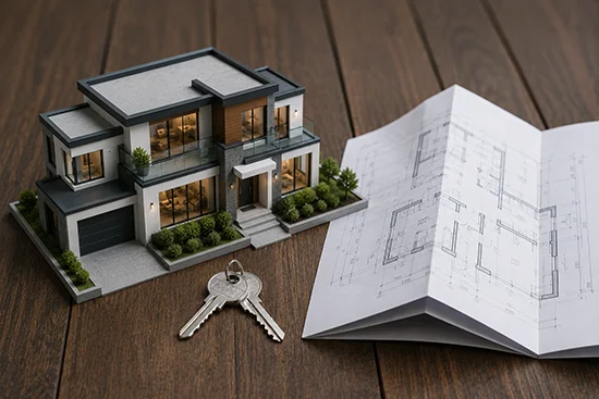 Model house with keys and architectural blueprints