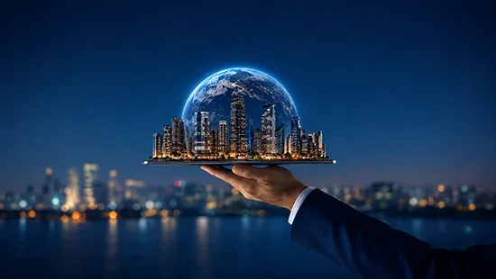 Illuminated city skyline held in hand