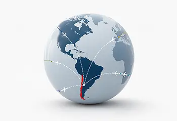 Globe with flight routes converging on Chile
