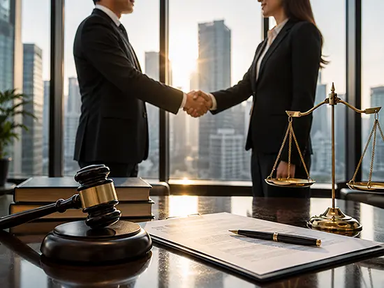 Business handshake with gavel, scales and contract