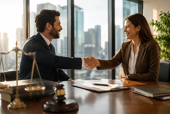 Business handshake at a law office overlooking the city