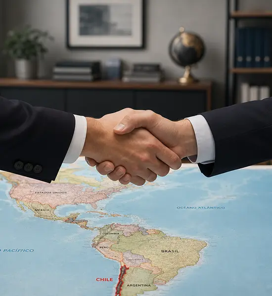 Foreign Investment — business handshake over a map of the Americas with Chile highlighted