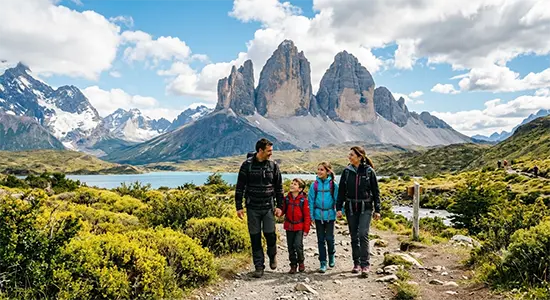 Family hiking in Patagonia