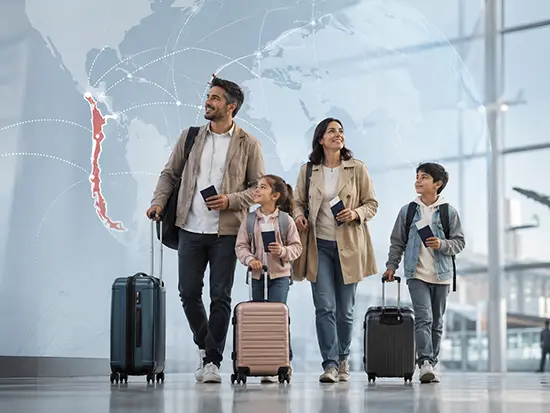 Family with luggage at the airport, world map with route to Chile
