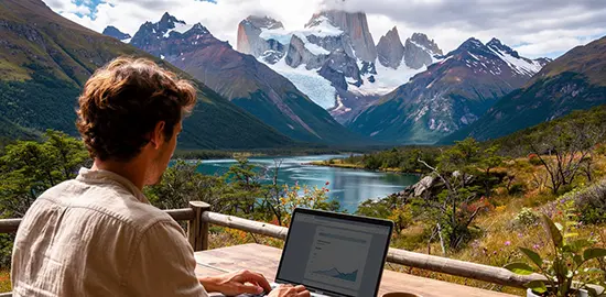 Remote professional working on a laptop overlooking Patagonia
